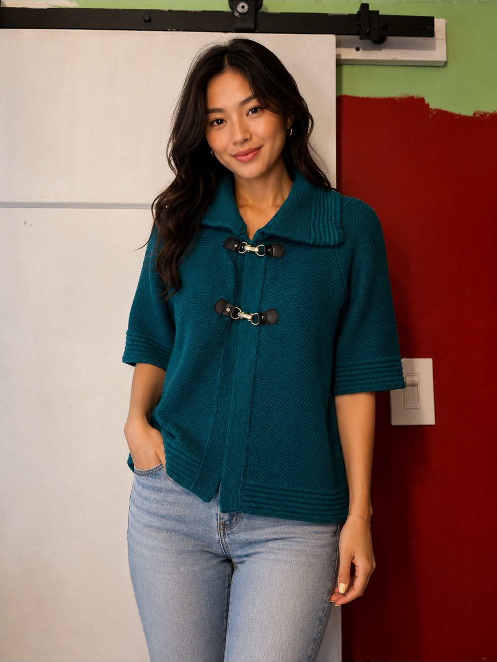 JM Collection Teal Short-Sleeve Toggle Cardigan